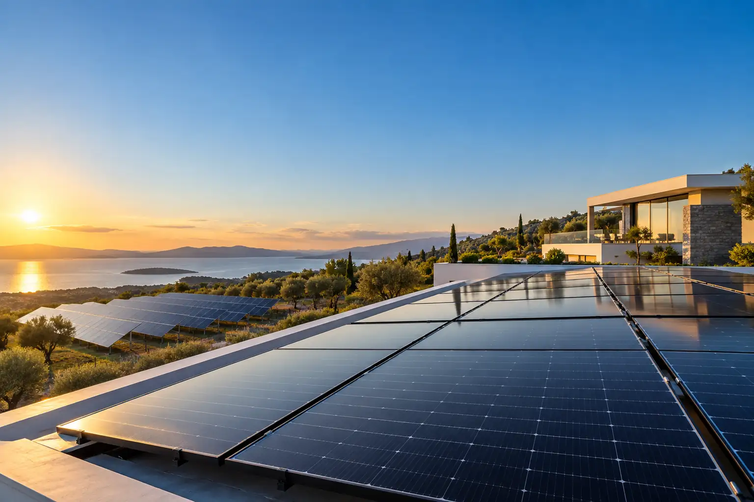 Rooftop and ground-mounted solar arrays on a modern property at sunset